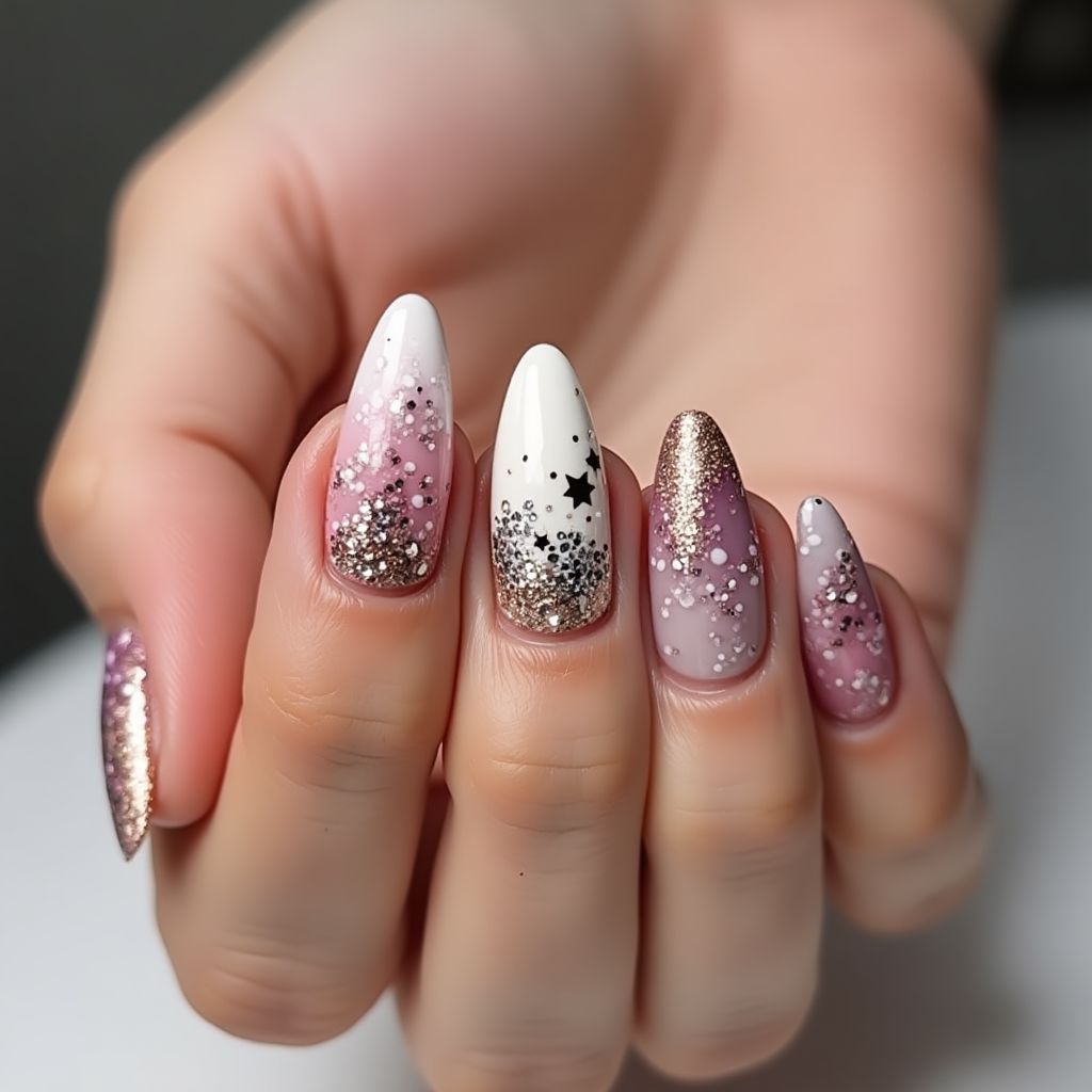 Rhinestones Freehand Art Nail Design
