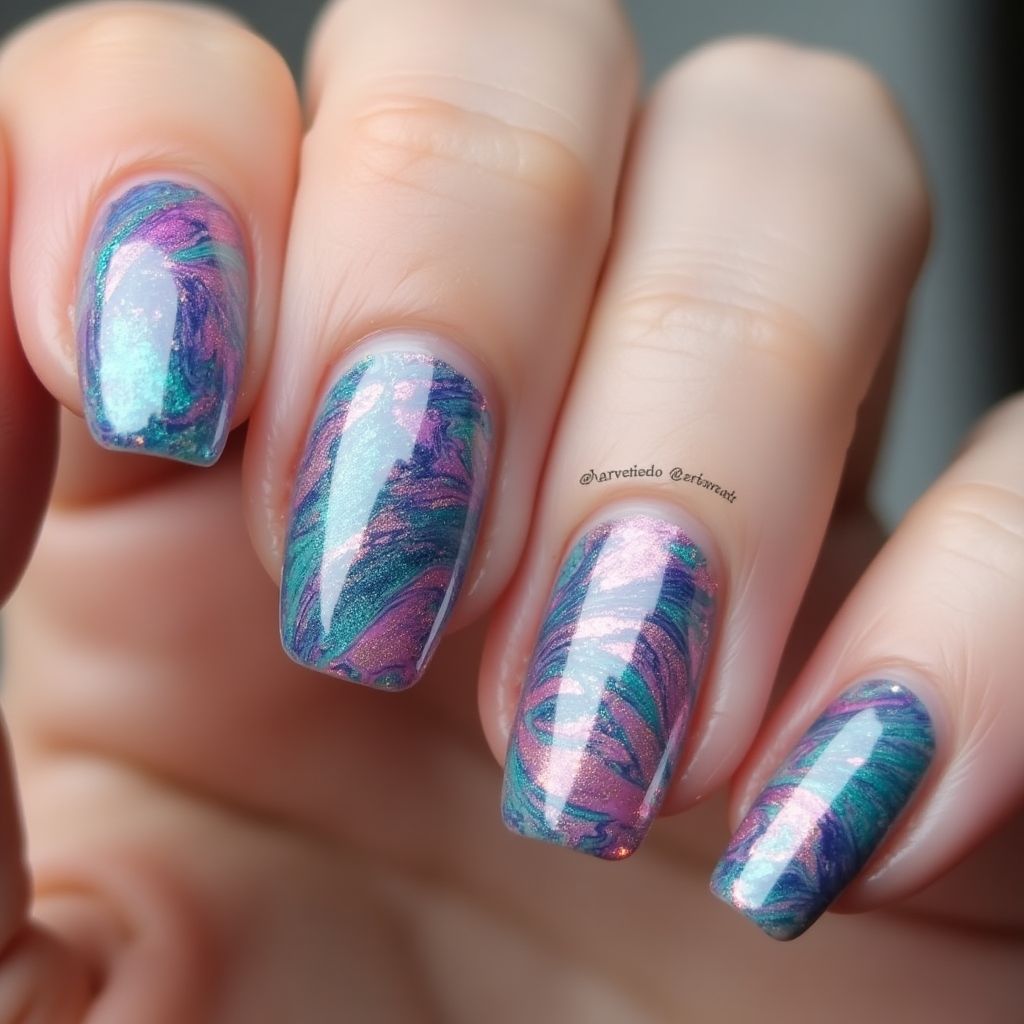 Glitter Powder Water Marbling Nail Design