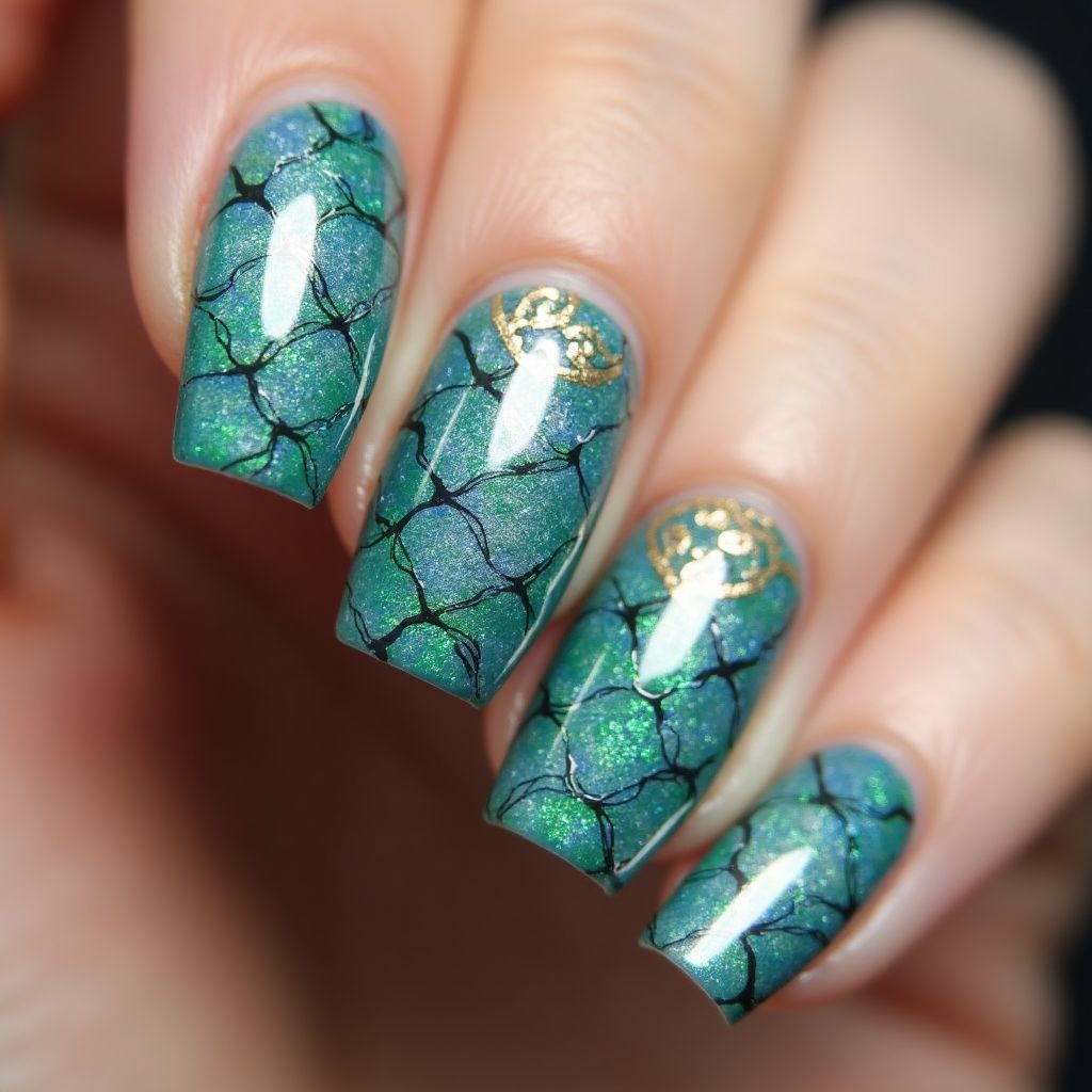 Mermaid Powder Freehand Art Nail Design