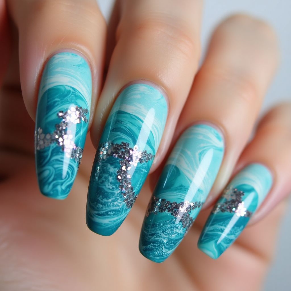 Mermaid Powder Water Marbling Nail Design