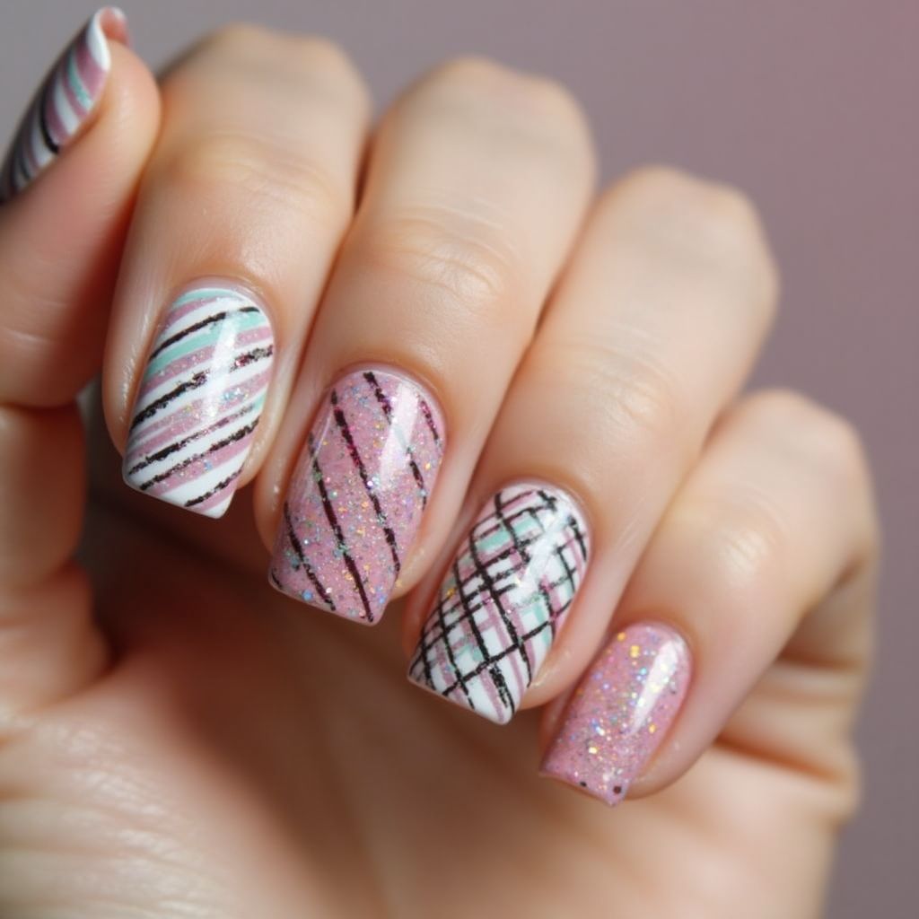 Glitter Flakes Stripes And Lines Nail Design