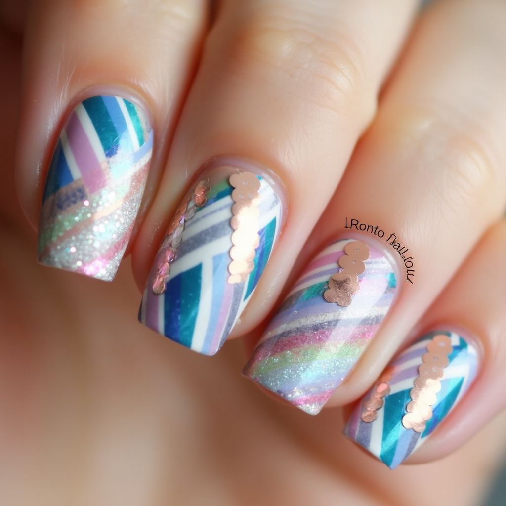 Sequins Stripes and lines Nail Design
