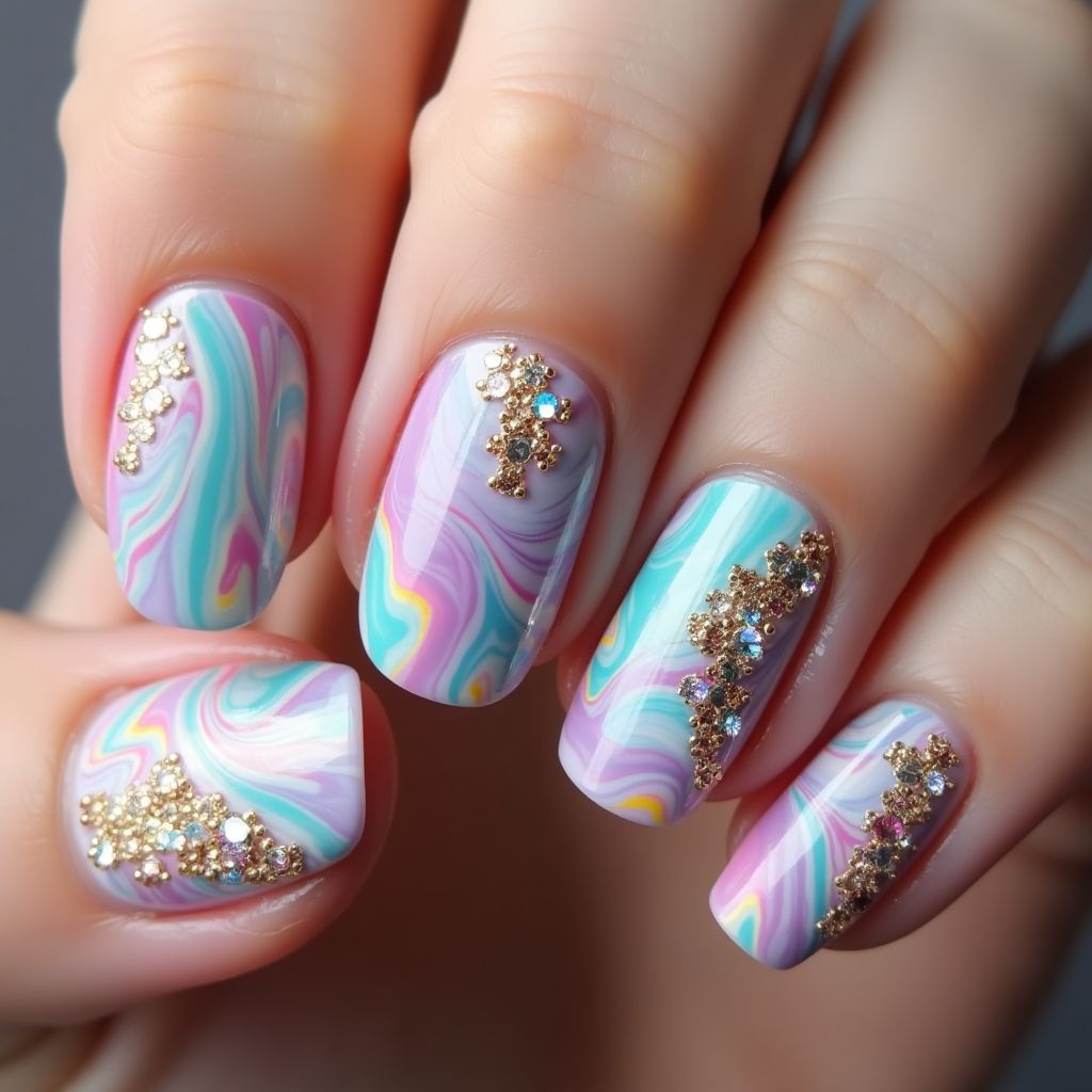 Rhinestones Water Marbling Nail Design