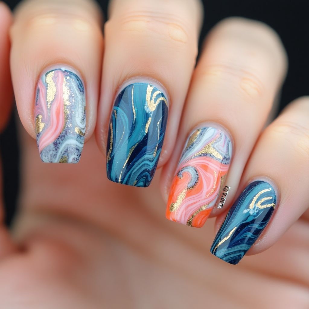 Acrylic Colors Water Marbling Nail Design