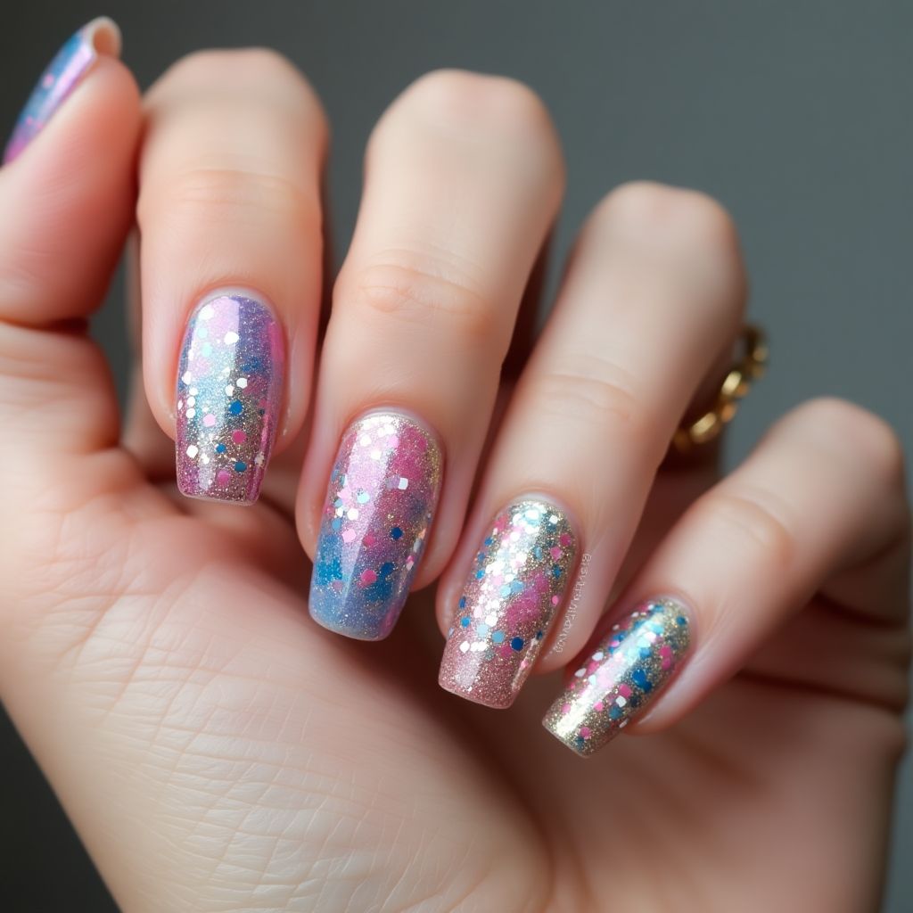 Glitter Flakes Freehand Art Nail Design