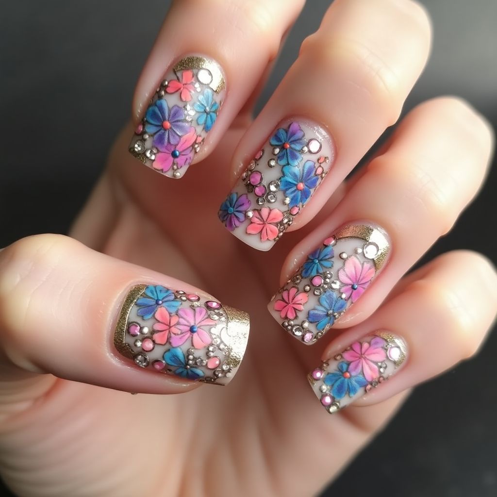 Rhinestones Freehand Art Nail Design