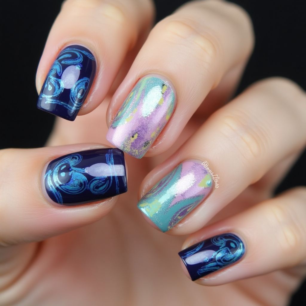 Magnetic polish Water marbling Nail Design