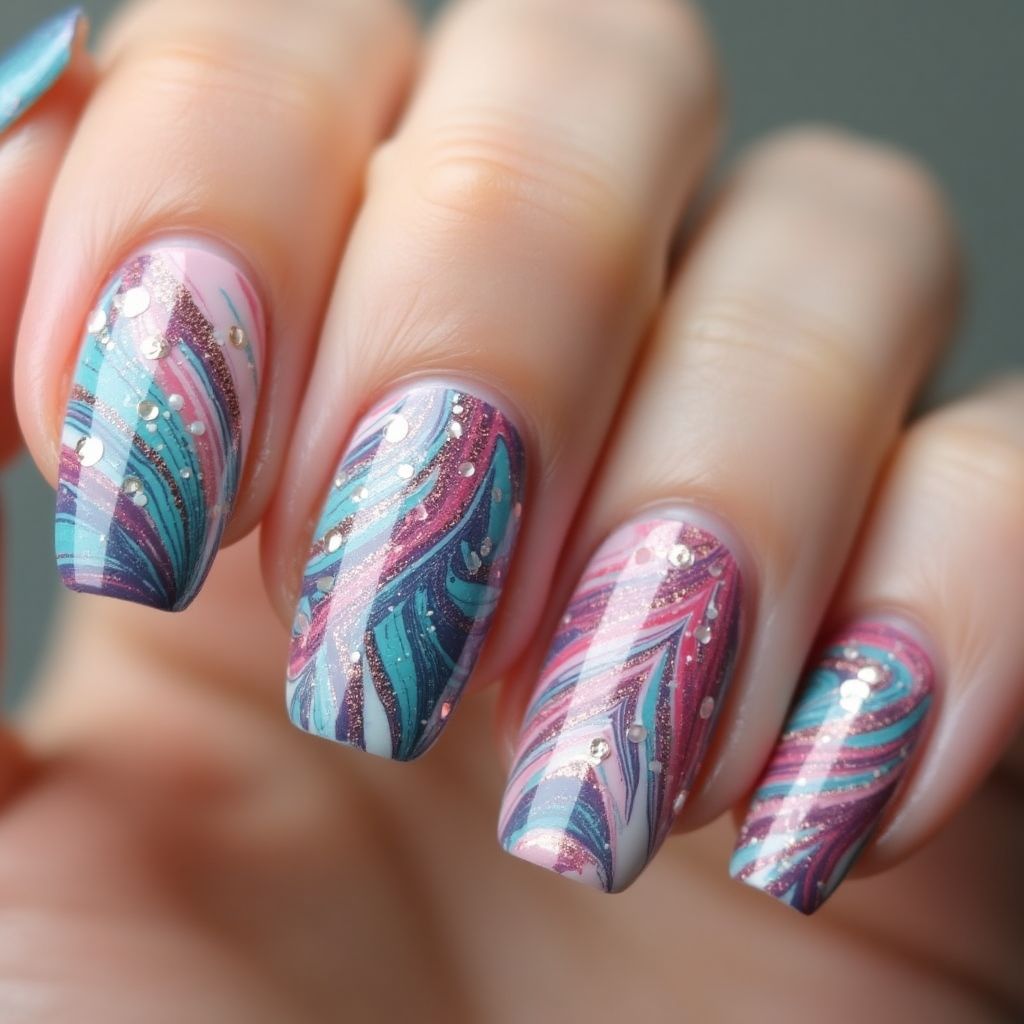 Caviar Beads Water Marbling Nail Design