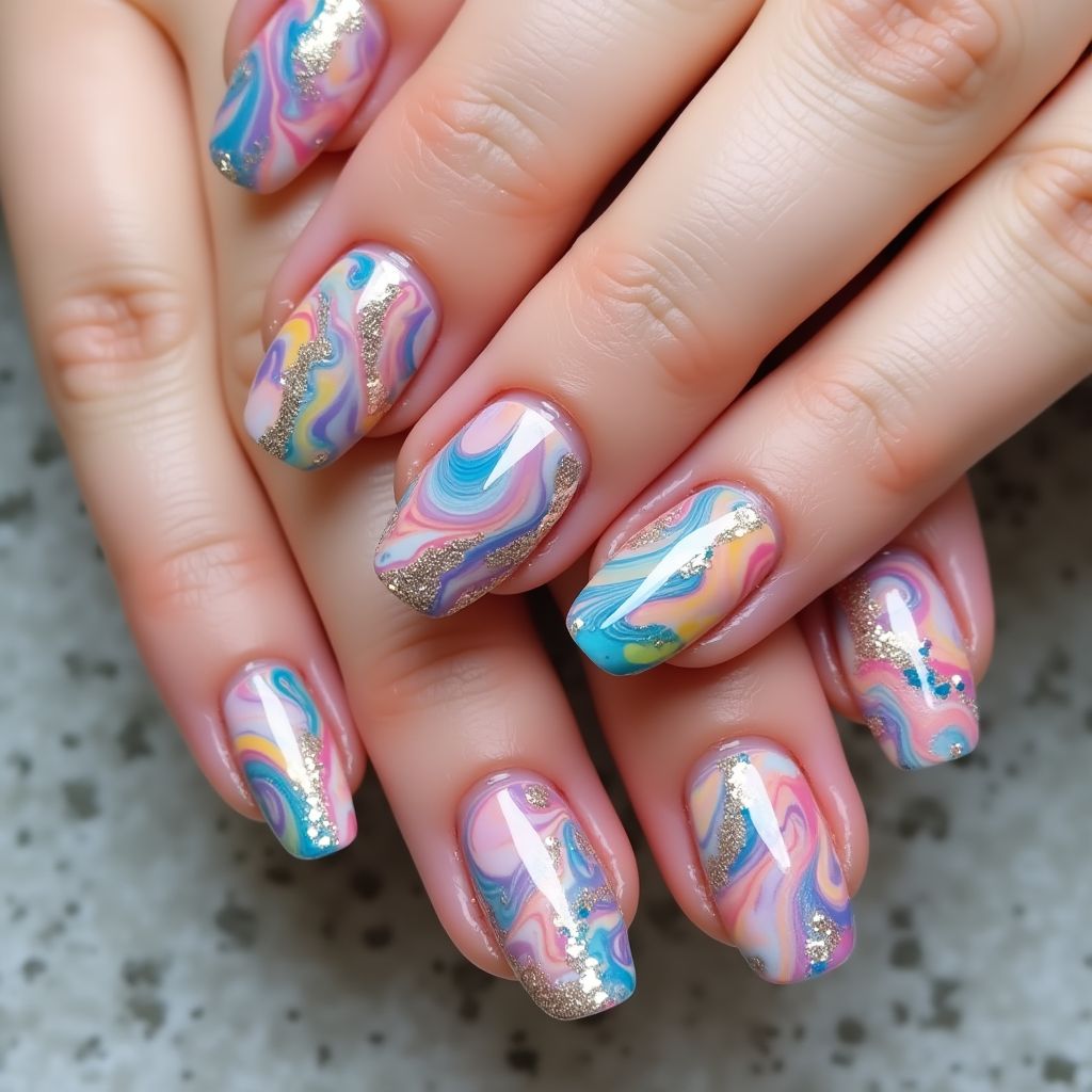 Acrylic powder Water marbling Nail Design