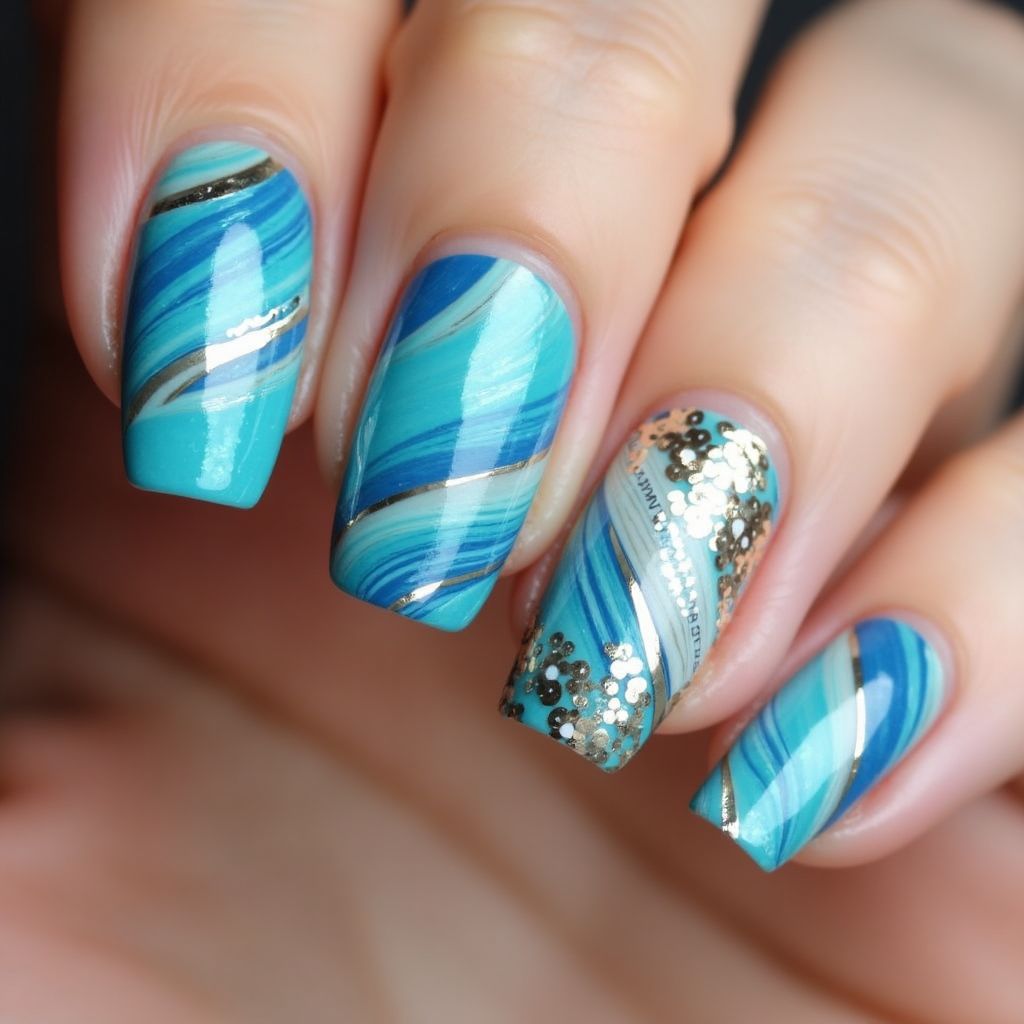Glitter Flakes Water Marbling Nail Design
