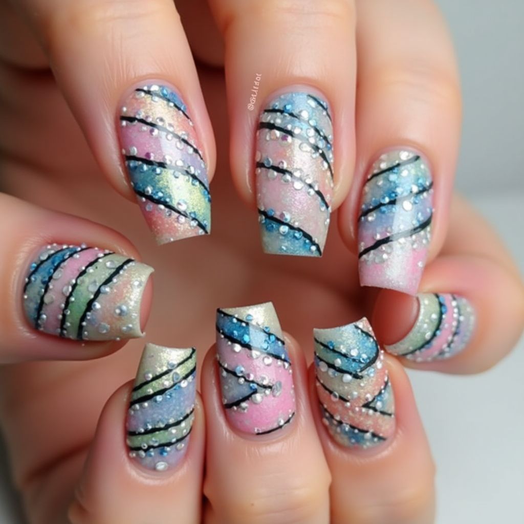 Caviar Beads Stripes And Lines Nail Design