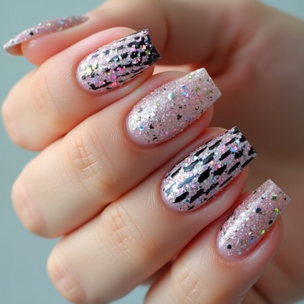 Glitter Flakes Stripes And Lines Nail Design
