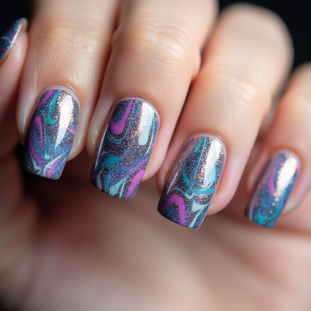 Glitter Powder Water Marbling Nail Design