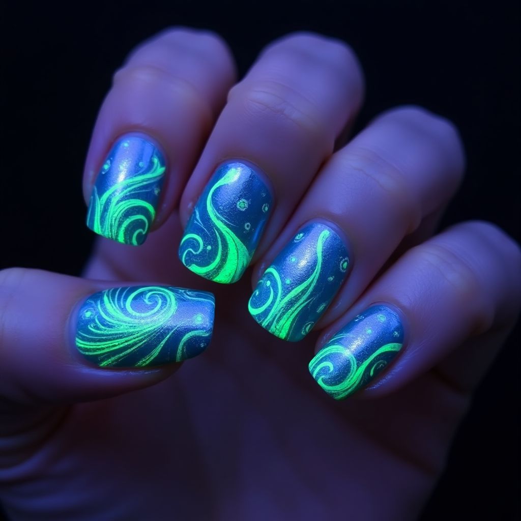 Glow In The Dark Polish Water Marbling Nail Design