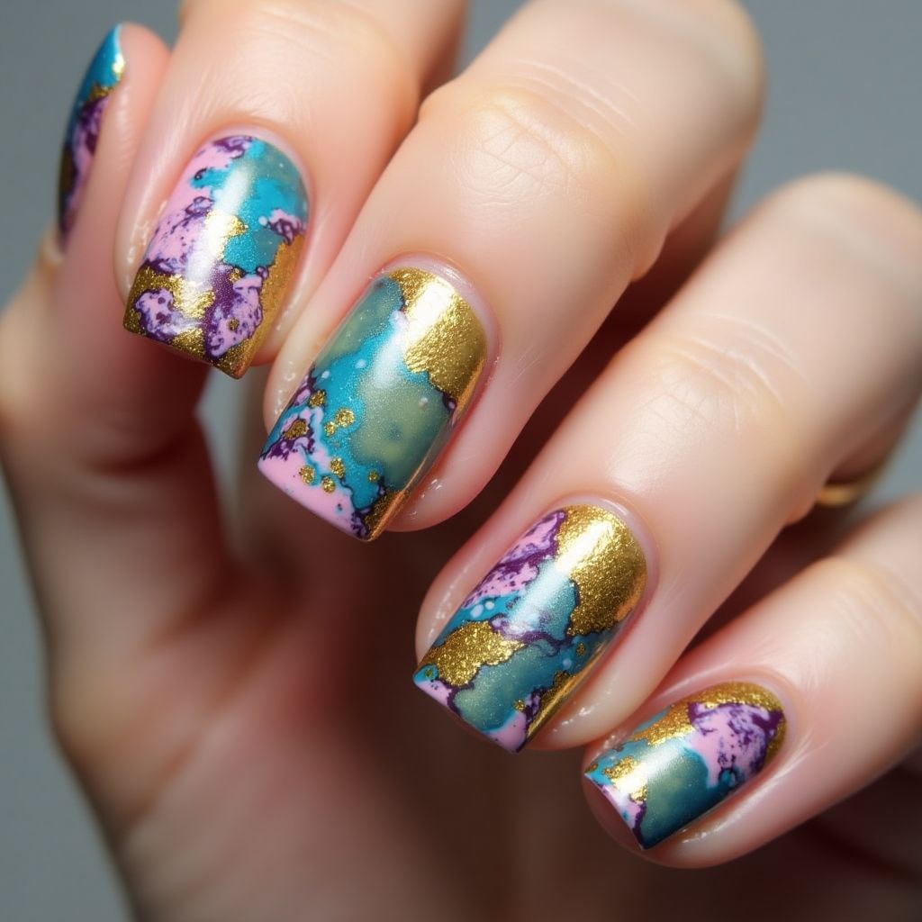 Caviar Beads Water Marbling Nail Design