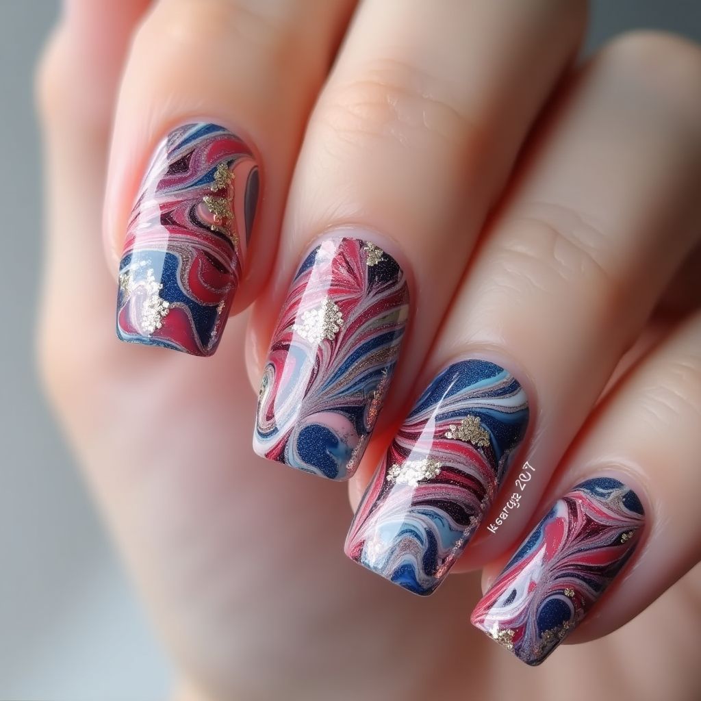Acrylic Powder Water Marbling Nail Design
