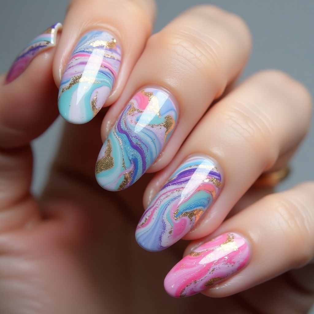Builder Gel Water Marbling Nail Design