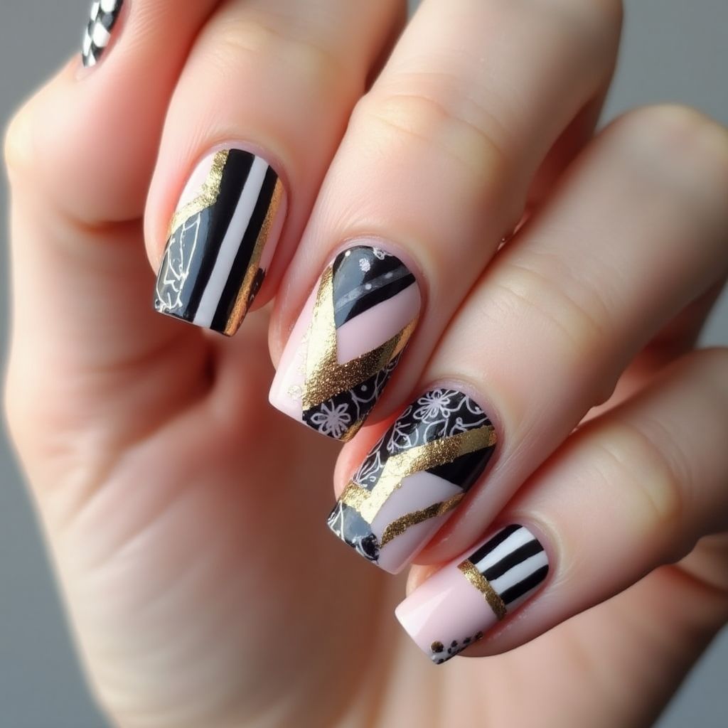 Striping Tape Freehand Art Nail Design