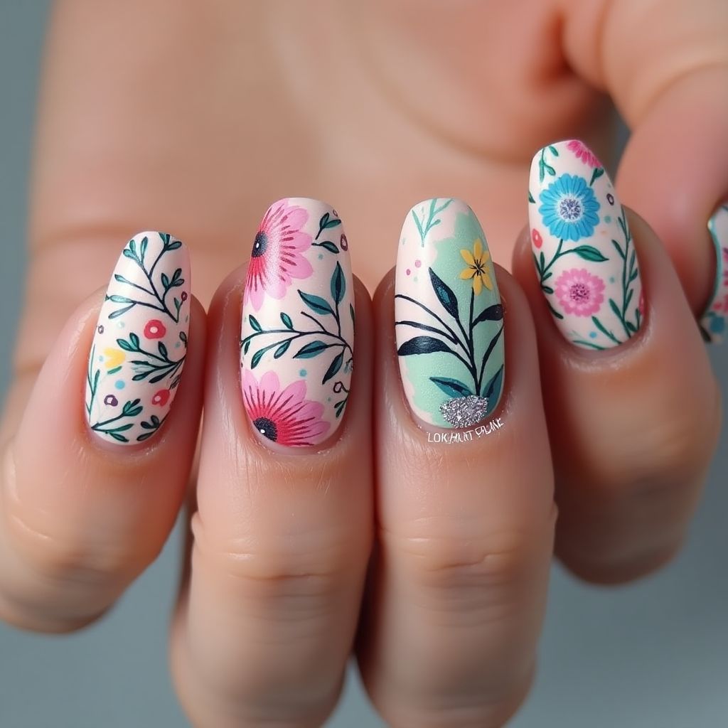 Acrylic Powder Freehand Art Nail Design