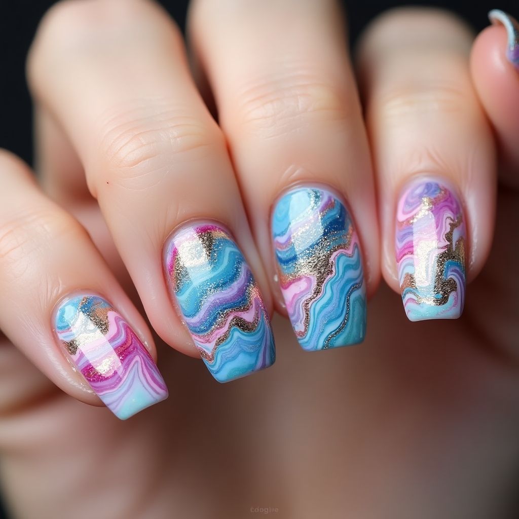 Glitter Flakes Water Marbling Nail Design