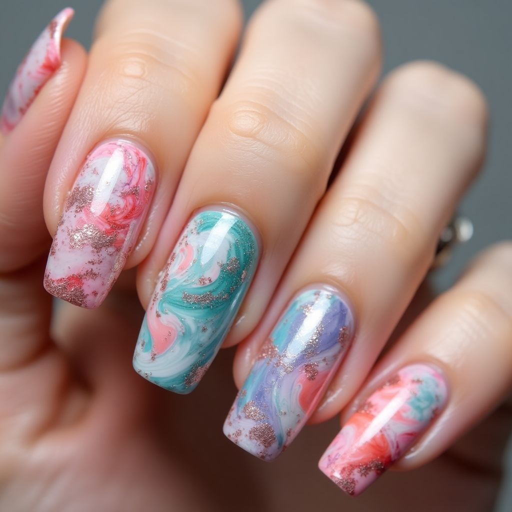 Acrylic Colors Water Marbling Nail Design