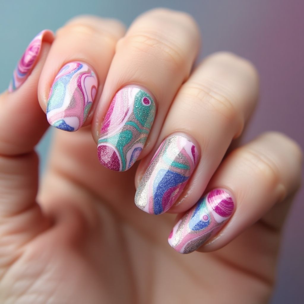 Poly Gel Water Marbling Nail Design