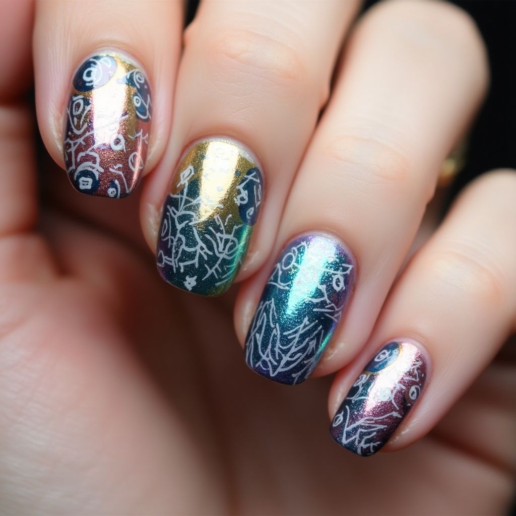 Chrome Powder Freehand Art Nail Design