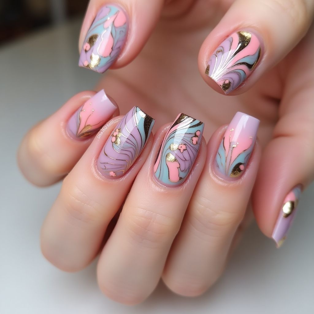 Builder Gel Water Marbling Nail Design