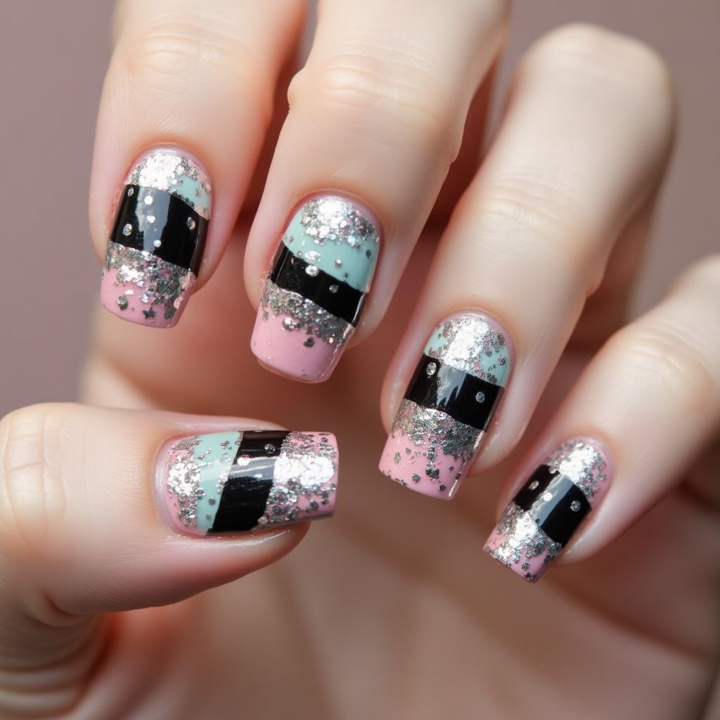 Glitter Flakes Stripes And Lines Nail Design