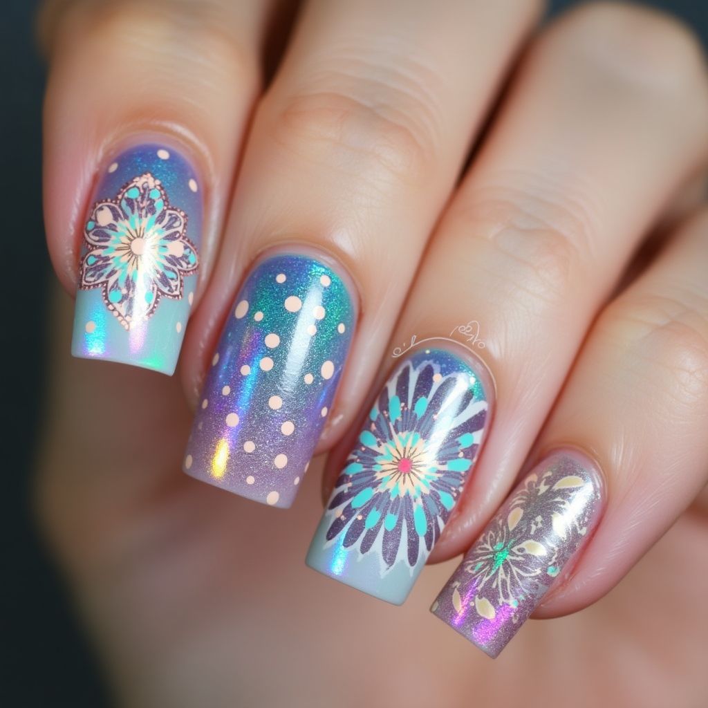 Holo powder Dotting Nail Design