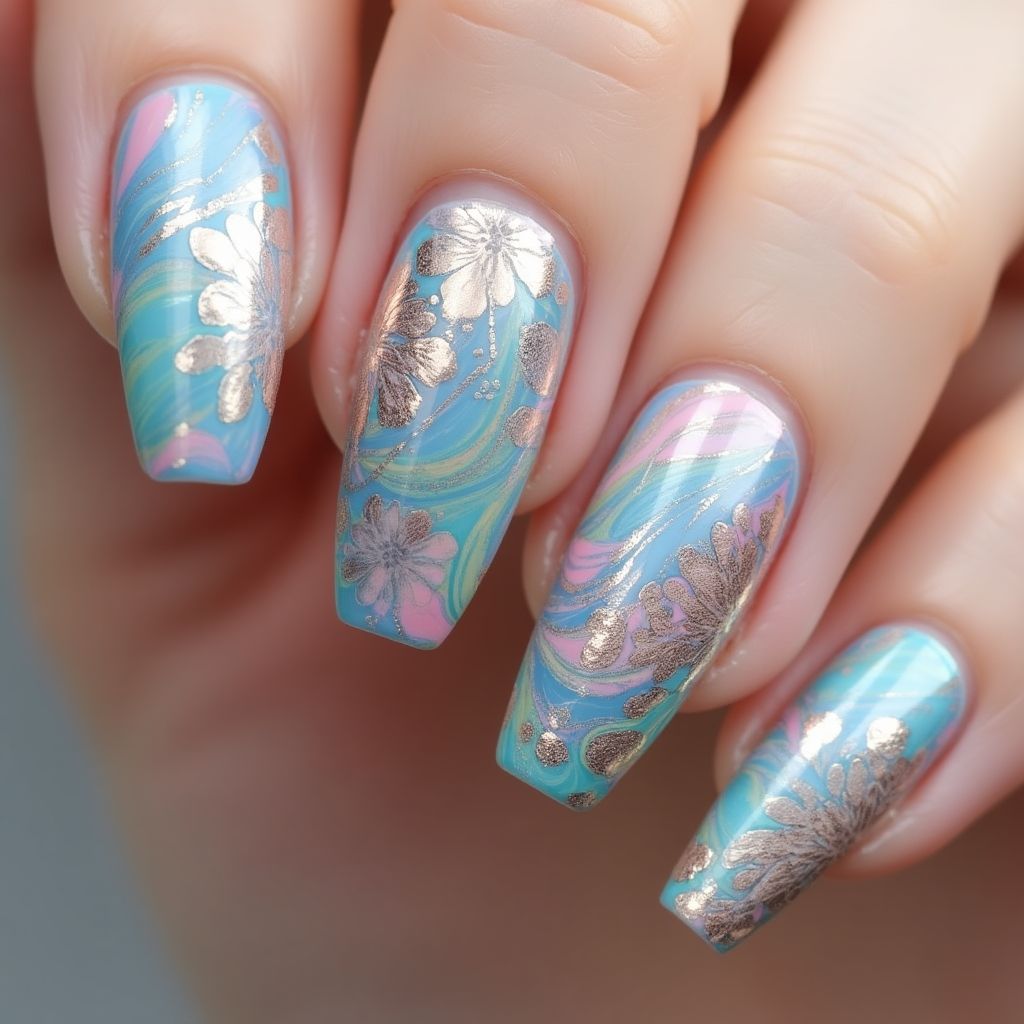 Acrylic Colors Water Marbling Nail Design