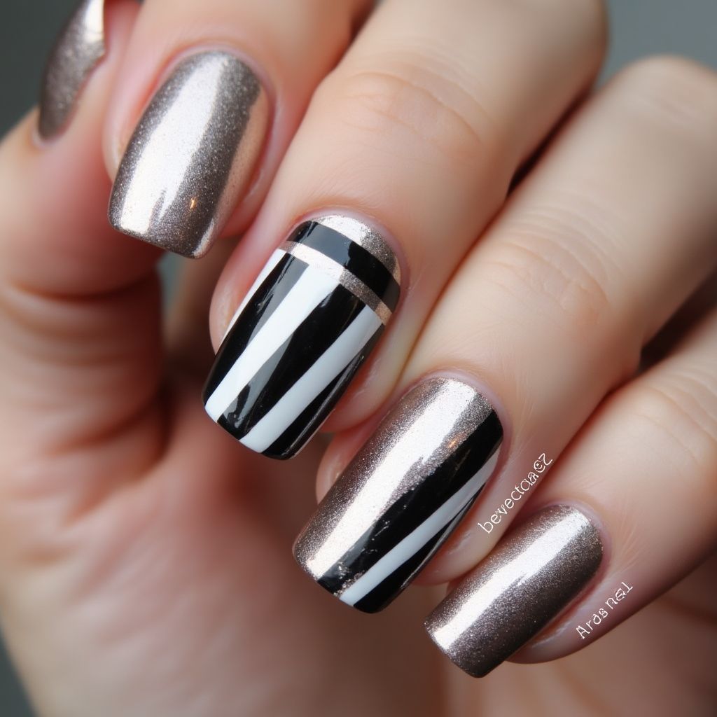 Chrome Powder Stripes And Lines Nail Design