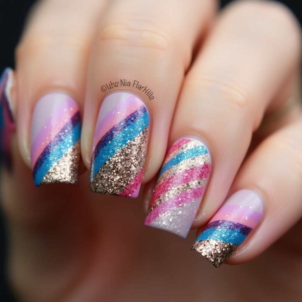 Glitter Flakes Stripes And Lines Nail Design