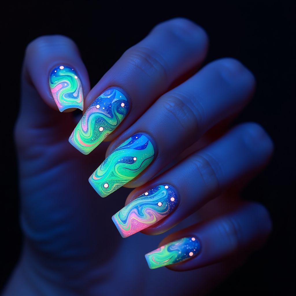 Glow In The Dark Polish Water Marbling Nail Design