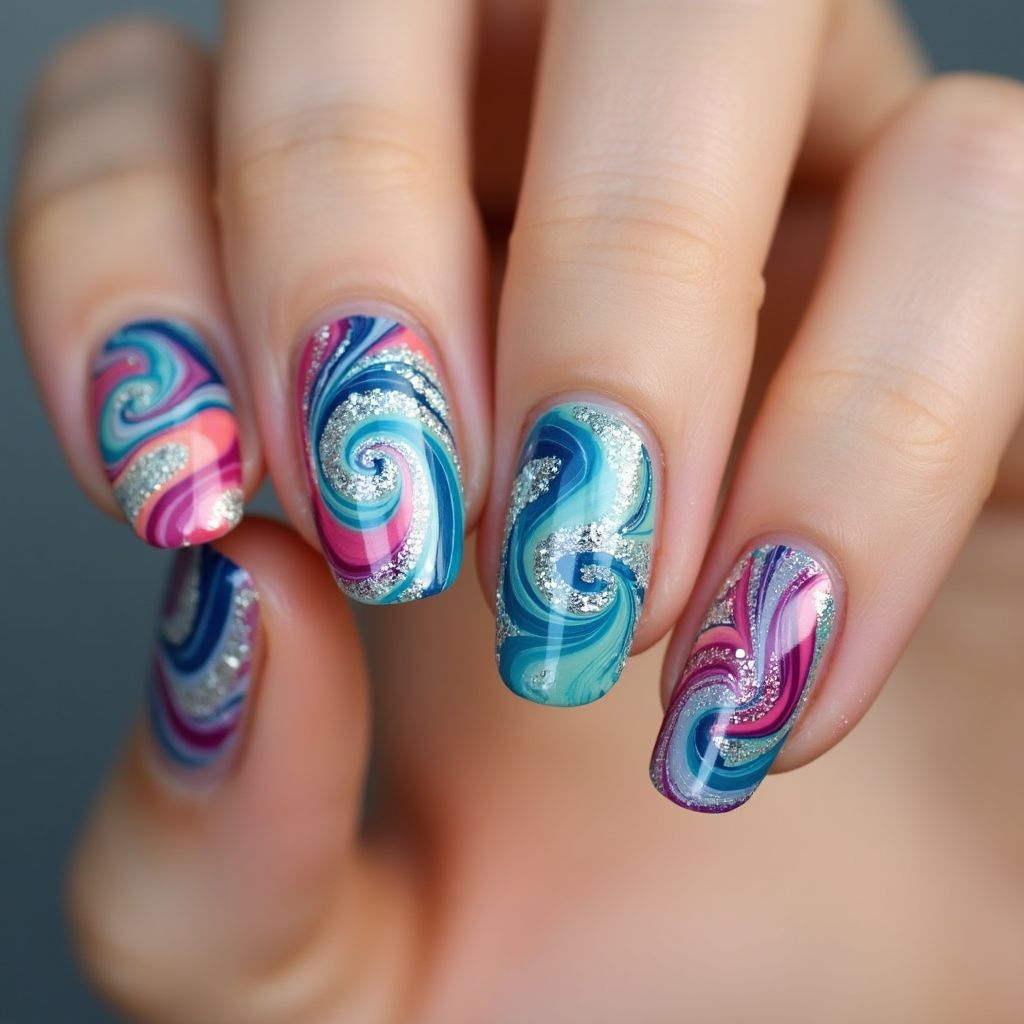 Toothpicks Water Marbling Nail Design