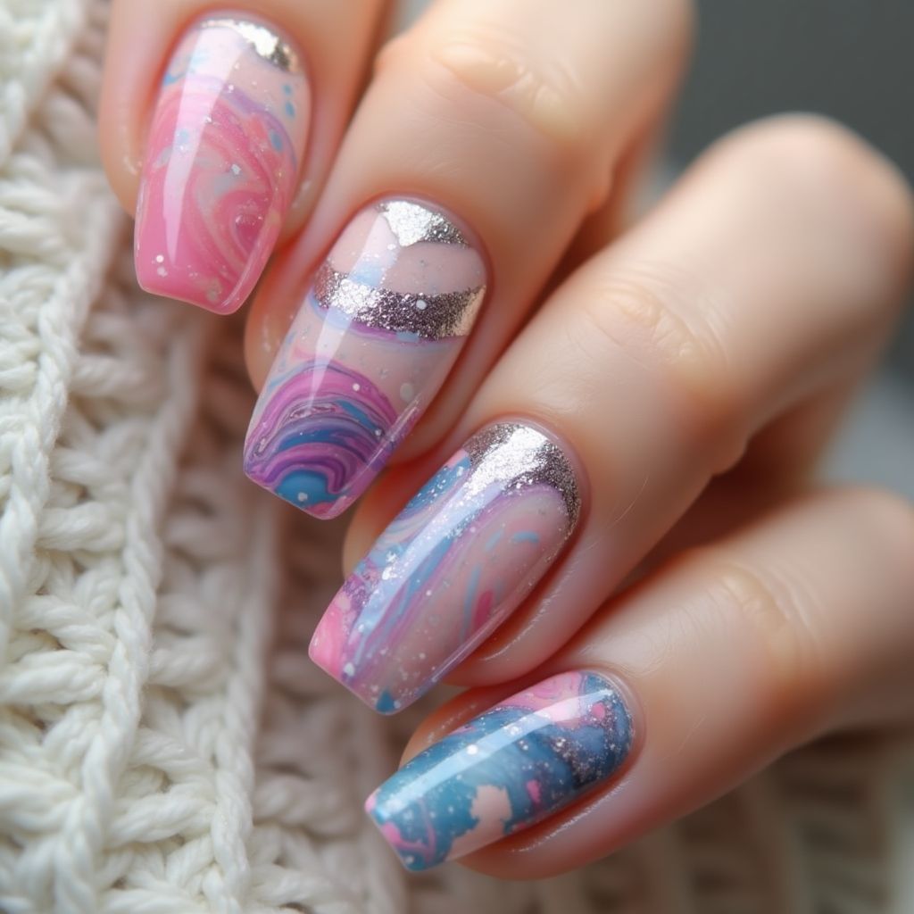 Base Coat Water Marbling Nail Design