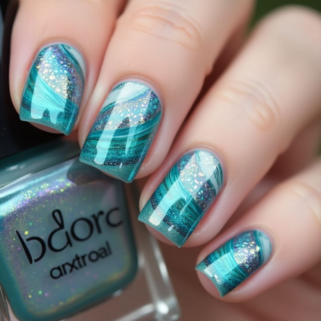 Mermaid Powder Water Marbling Nail Design