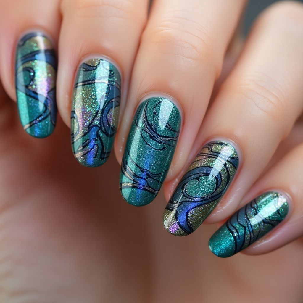 Chrome Powder Water Marbling Nail Design