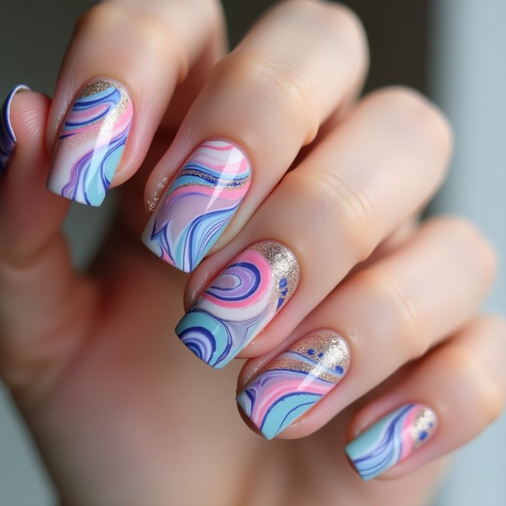 Builder Gel Water Marbling Nail Design