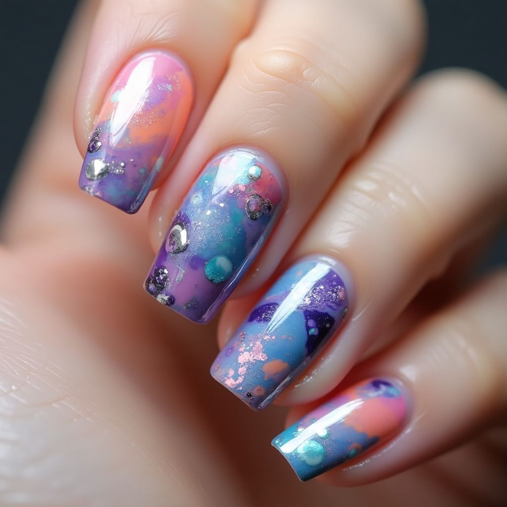 Builder Gel Water Marbling Nail Design