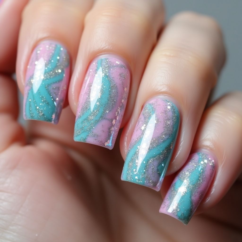 Holo Powder Water Marbling Nail Design