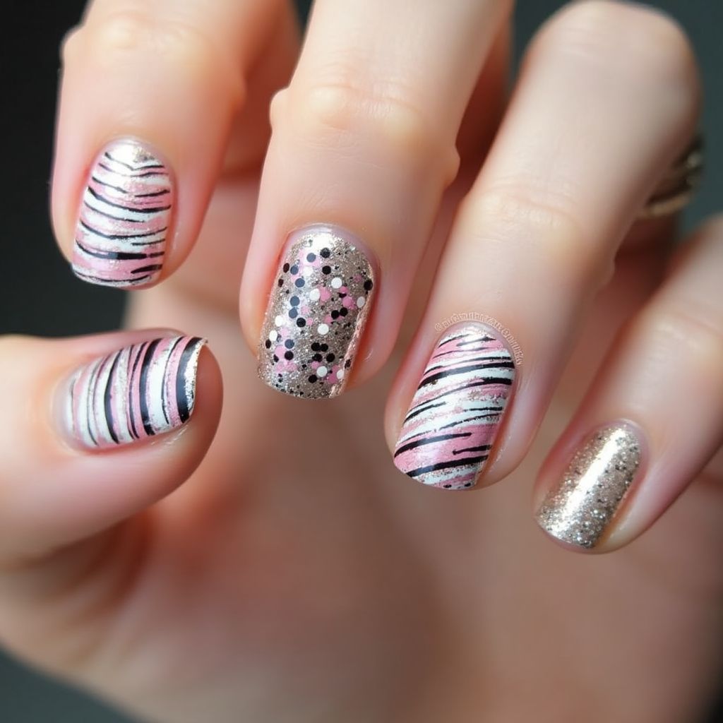 Glitter Flakes Stripes And Lines Nail Design