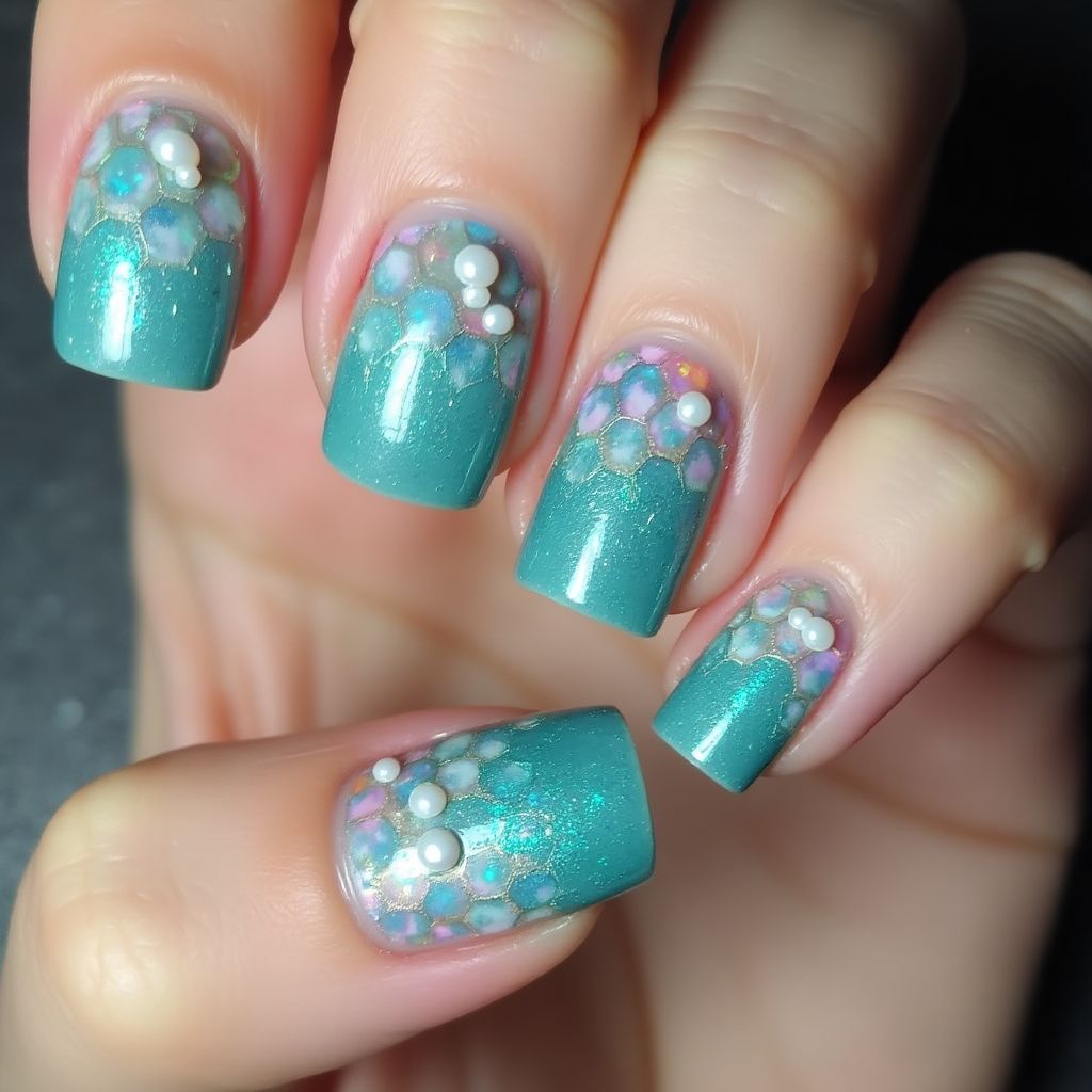 Mermaid Powder Freehand Art Nail Design
