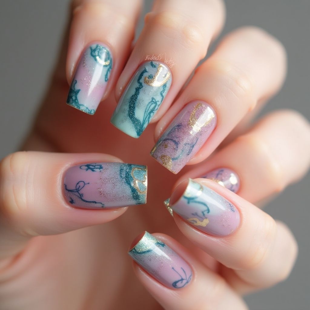 Skin Barriers Water Marbling Nail Design