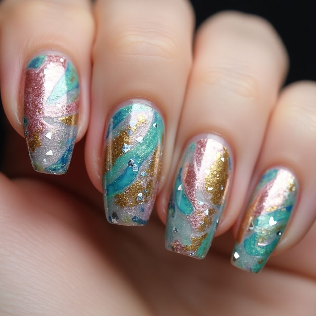 Nail Foil Water Marbling Nail Design