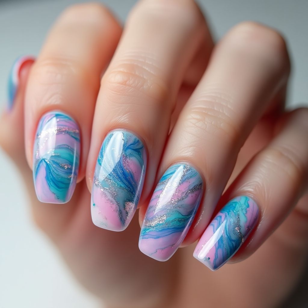 Acrylic Powder Water Marbling Nail Design