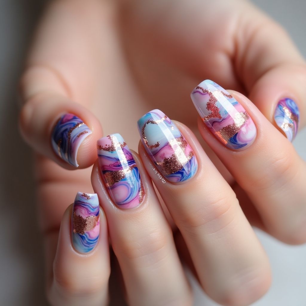 Builder Gel Water Marbling Nail Design