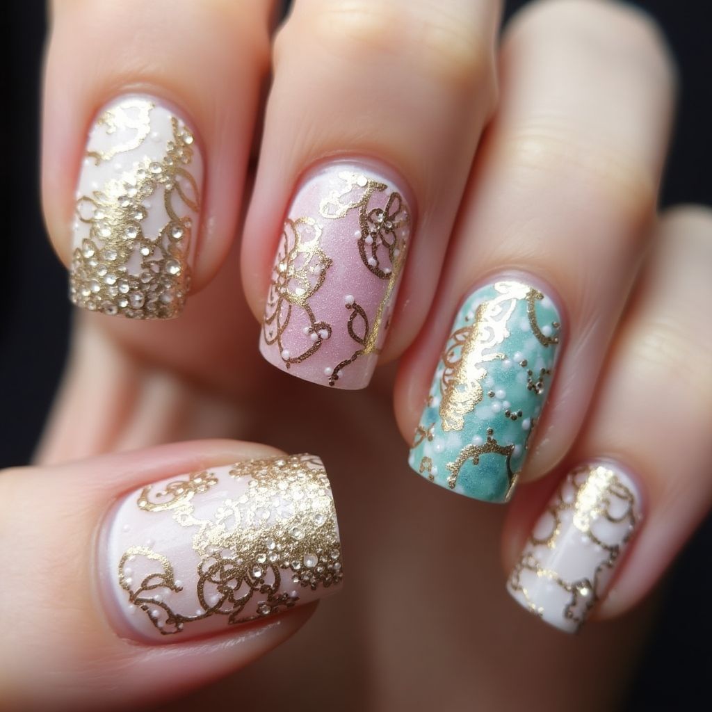 Rhinestones Freehand Art Nail Design