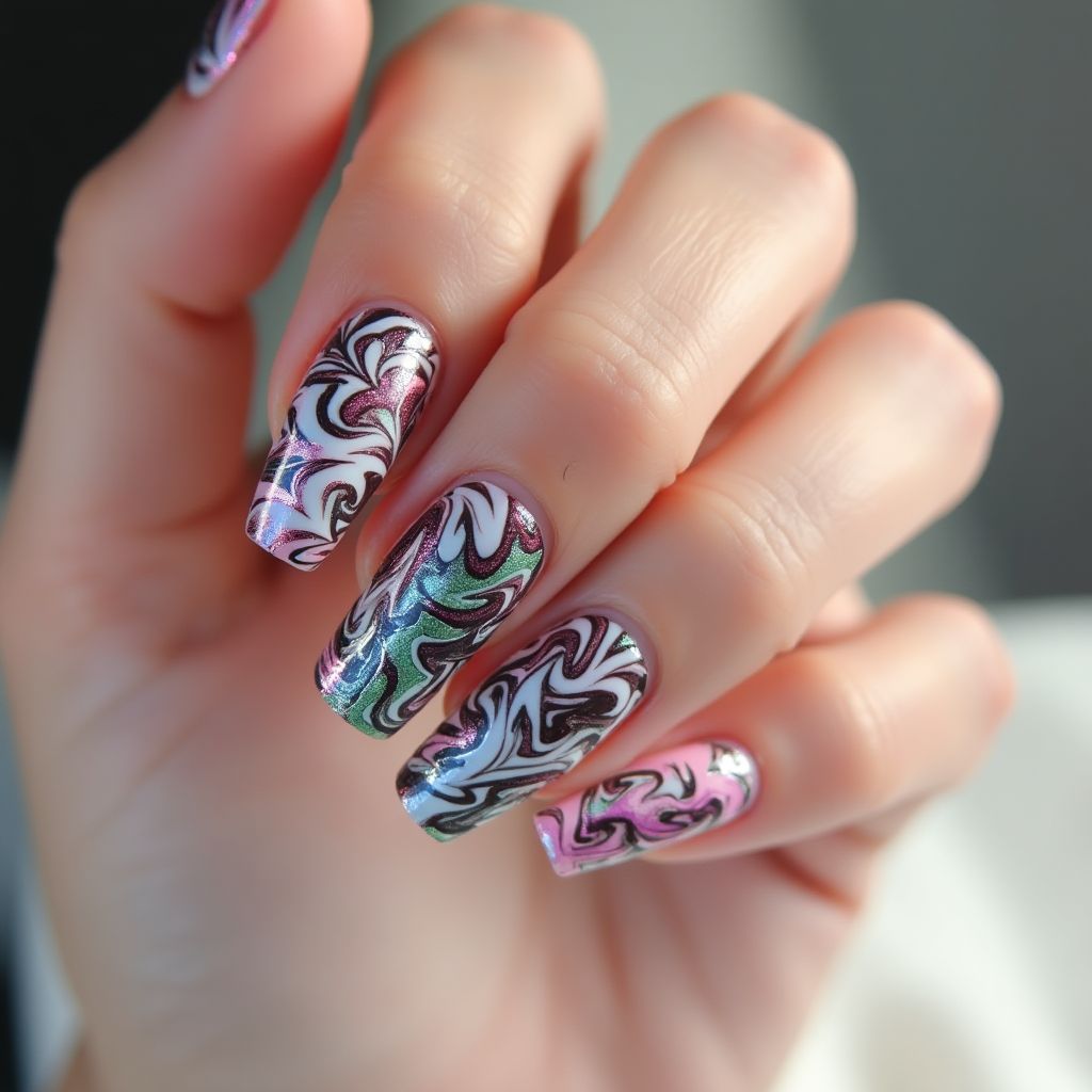 Base Coat Water Marbling Nail Design