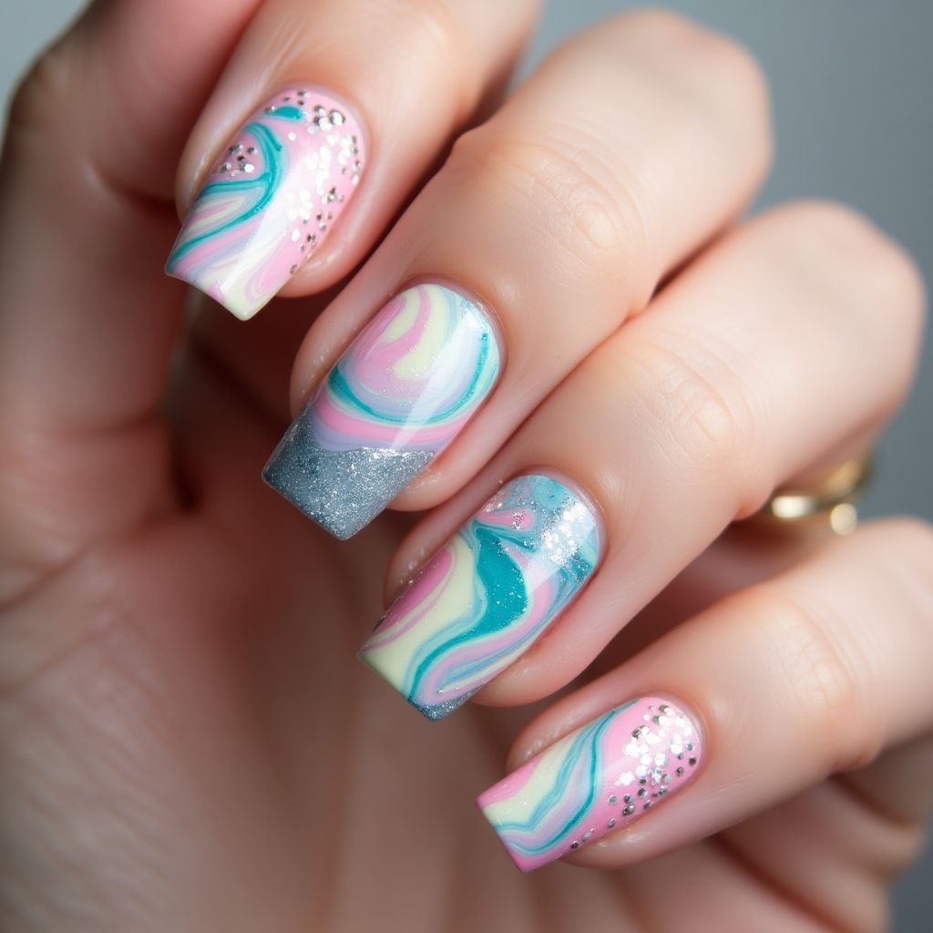 Acrylic Powder Water Marbling Nail Design